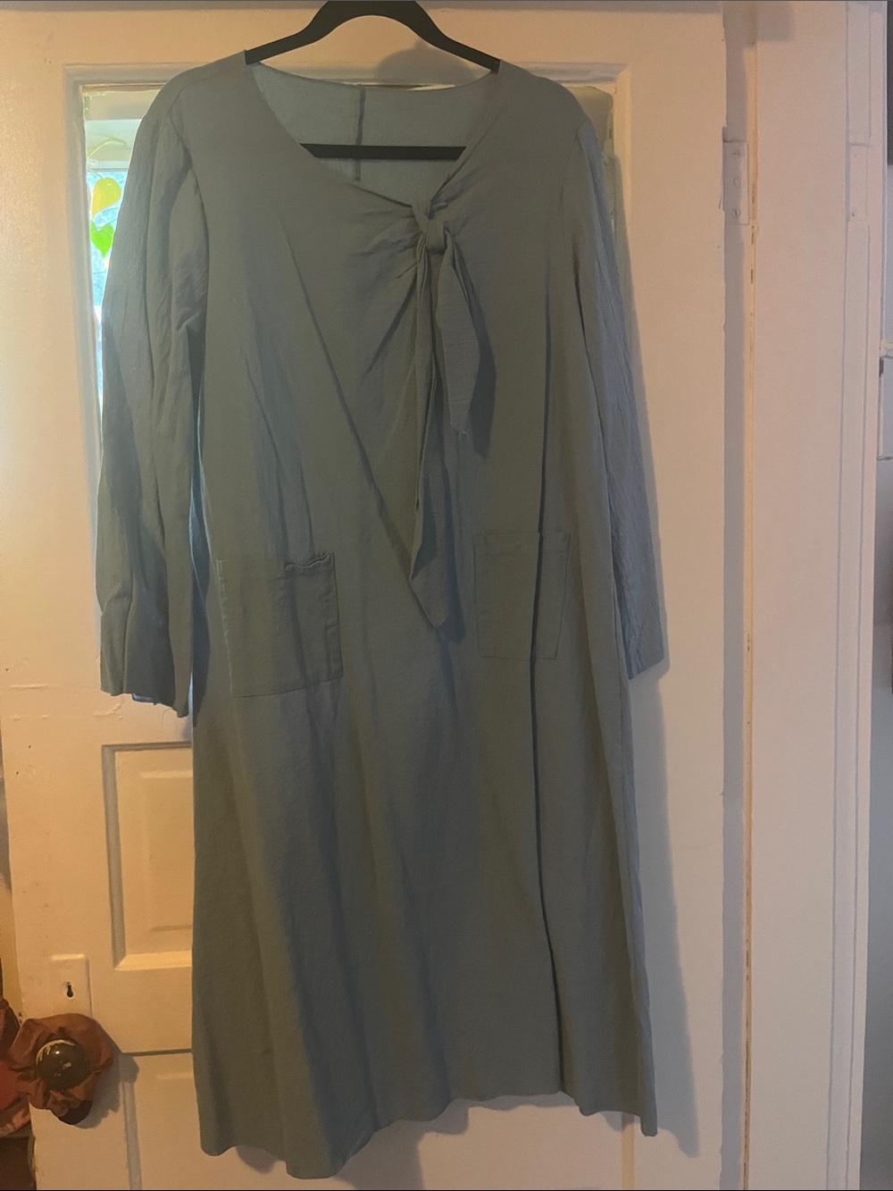 Light Sage Tie-Neck Long Sleeve Dress